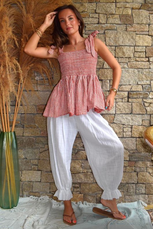 Sundaze Cheesecloth Chalk Stripe Tie Shoulder Top Indian Red