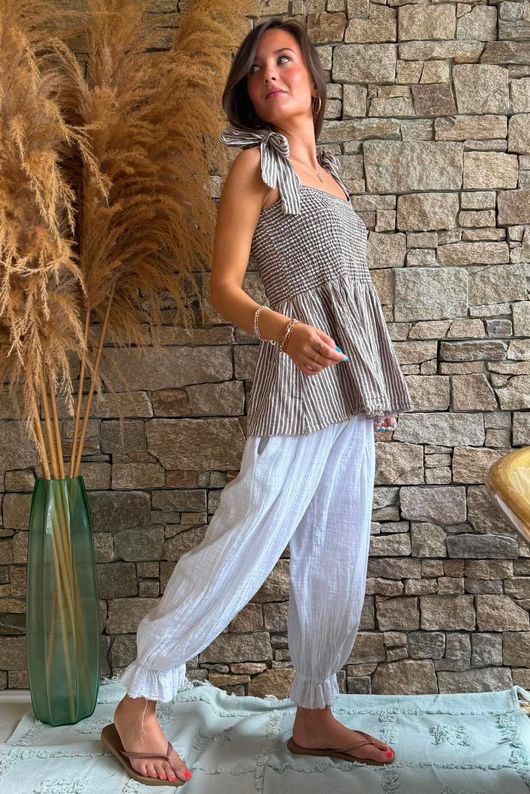 Sundaze Cheesecloth Chalk Stripe Tie Shoulder Top Mocha