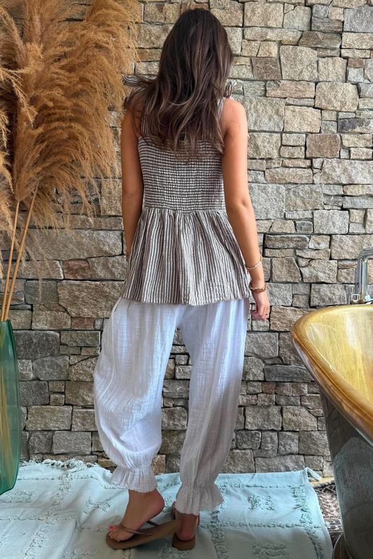 Sundaze Cheesecloth Chalk Stripe Tie Shoulder Top Mocha