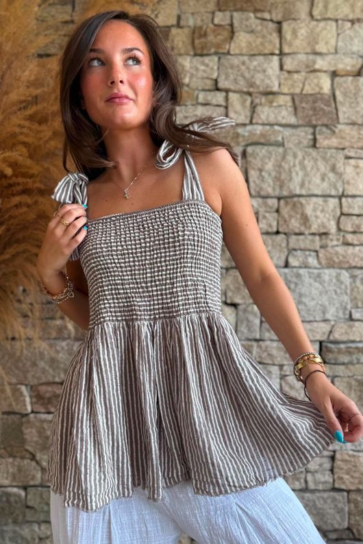 Sundaze Cheesecloth Chalk Stripe Tie Shoulder Top Mocha