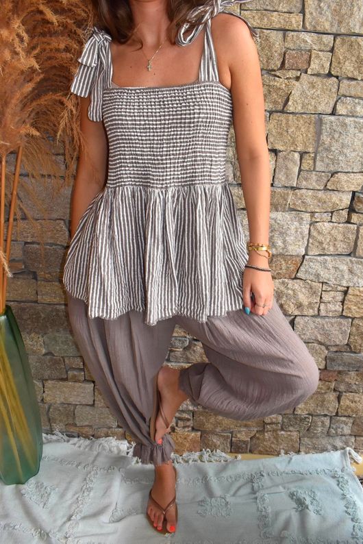 Sundaze Cheesecloth Chalk Stripe Tie Shoulder Top Mocha