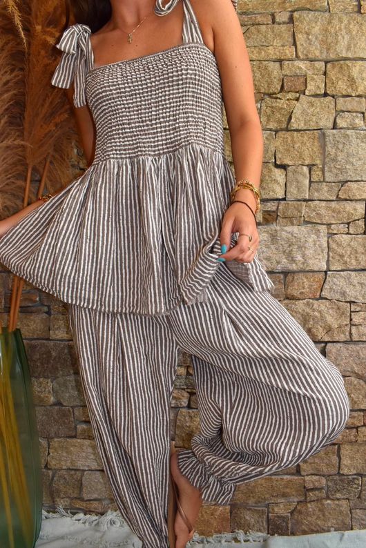 Sundaze Cheesecloth Chalk Stripe Tie Shoulder Top Mocha