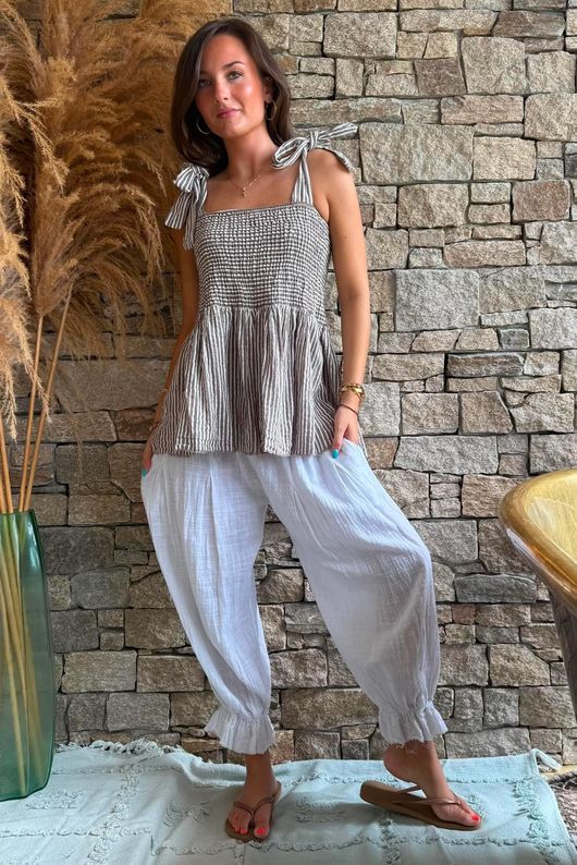 Sundaze Cheesecloth Chalk Stripe Tie Shoulder Top Mocha