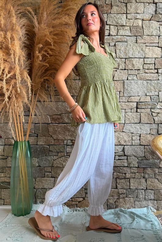Sundaze Cheesecloth Chalk Stripe Tie Shoulder Top Olive