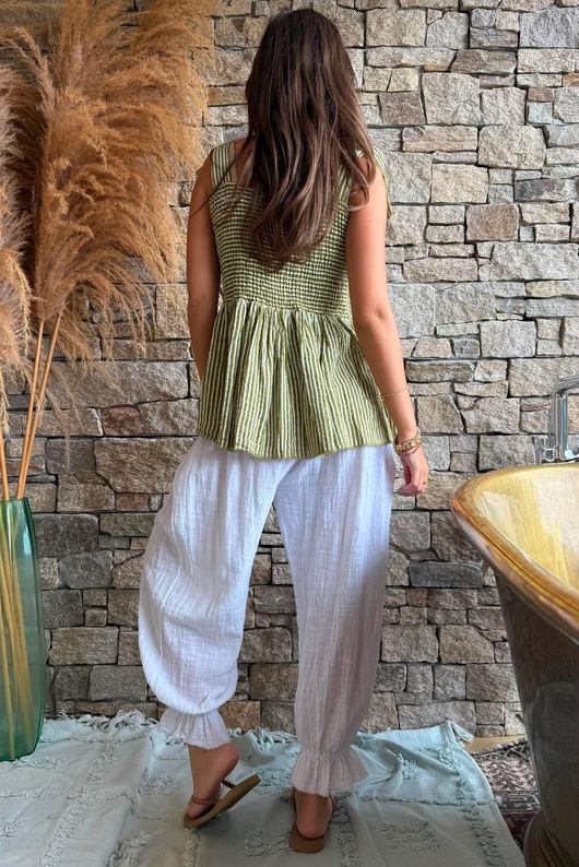 Sundaze Cheesecloth Chalk Stripe Tie Shoulder Top Olive