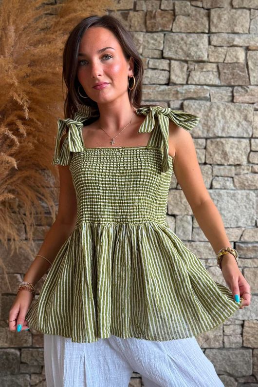 Sundaze Cheesecloth Chalk Stripe Tie Shoulder Top Olive