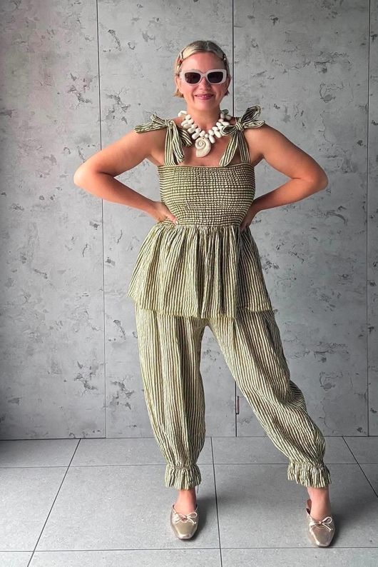 Sundaze Cheesecloth Chalk Stripe Tie Shoulder Top Olive