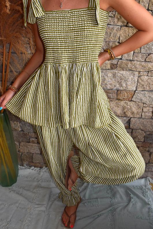 Sundaze Cheesecloth Chalk Stripe Tie Shoulder Top Olive