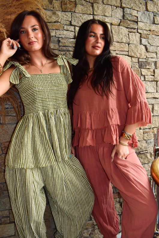 Sundaze Cheesecloth Chalk Stripe Tie Shoulder Top Olive