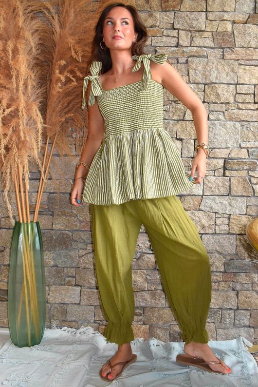 Sundaze Cheesecloth Chalk Stripe Tie Shoulder Top Olive