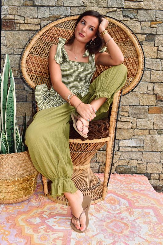 Sundaze Cheesecloth Chalk Stripe Tie Shoulder Top Olive