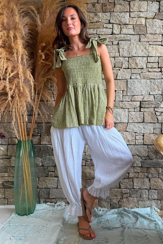 Sundaze Cheesecloth Chalk Stripe Tie Shoulder Top Olive