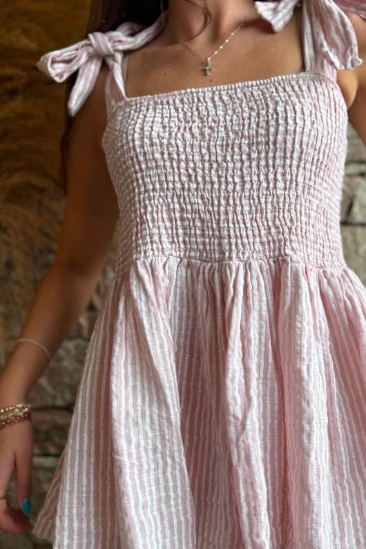 Sundaze Cheesecloth Chalk Stripe Tie Shoulder Top Rose