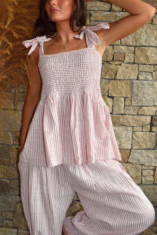 Sundaze Cheesecloth Chalk Stripe Tie Shoulder Top Rose