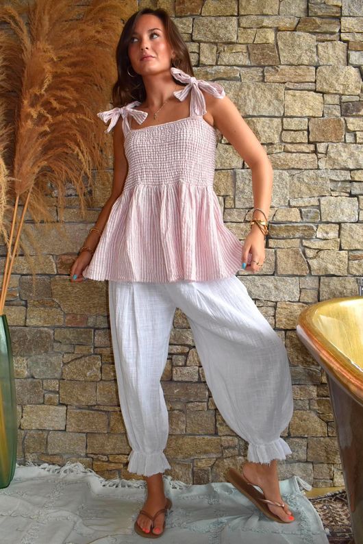 Sundaze Cheesecloth Chalk Stripe Tie Shoulder Top Rose