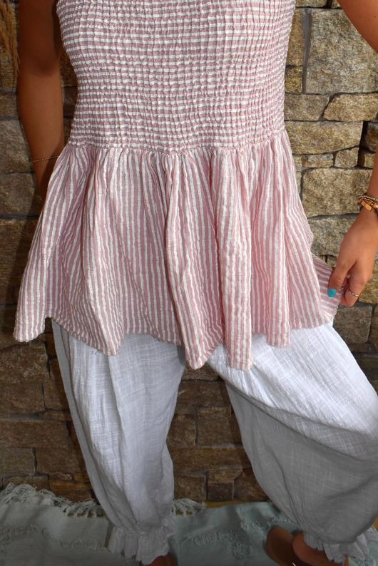 Sundaze Cheesecloth Chalk Stripe Tie Shoulder Top Rose