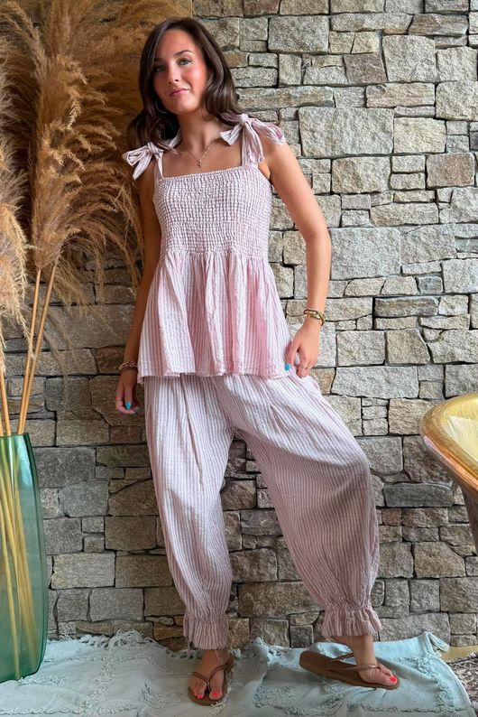 Sundaze Cheesecloth Chalk Stripe Tie Shoulder Top Rose