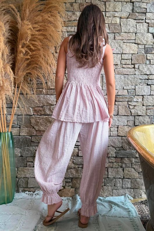 Sundaze Cheesecloth Chalk Stripe Tie Shoulder Top Rose