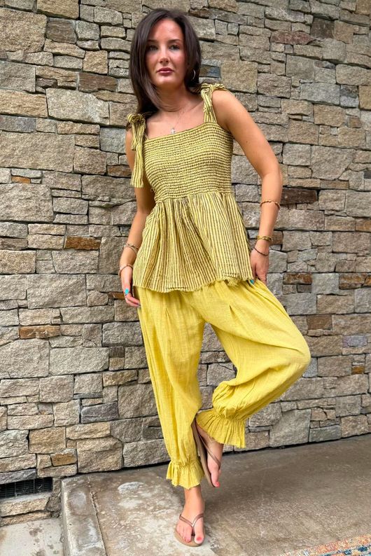 Sundaze Cheesecloth Chalk Stripe Tie Shoulder Top Soft Ochre