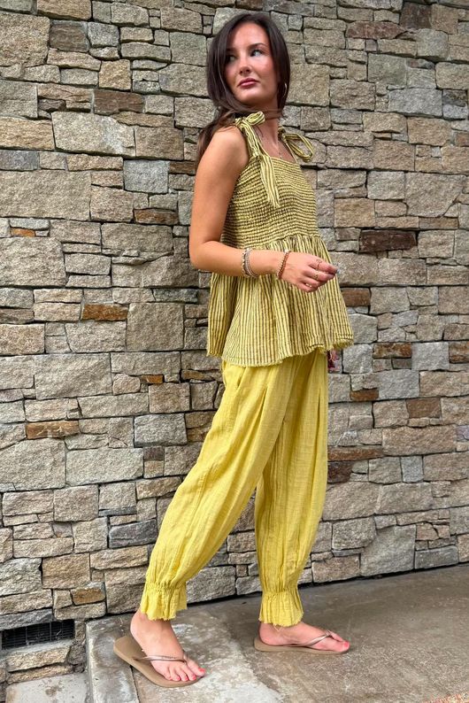 Sundaze Cheesecloth Chalk Stripe Tie Shoulder Top Soft Ochre