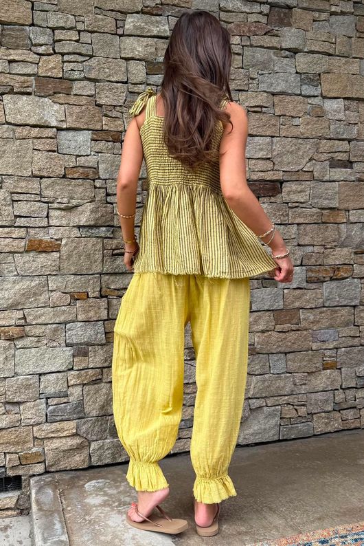 Sundaze Cheesecloth Chalk Stripe Tie Shoulder Top Soft Ochre
