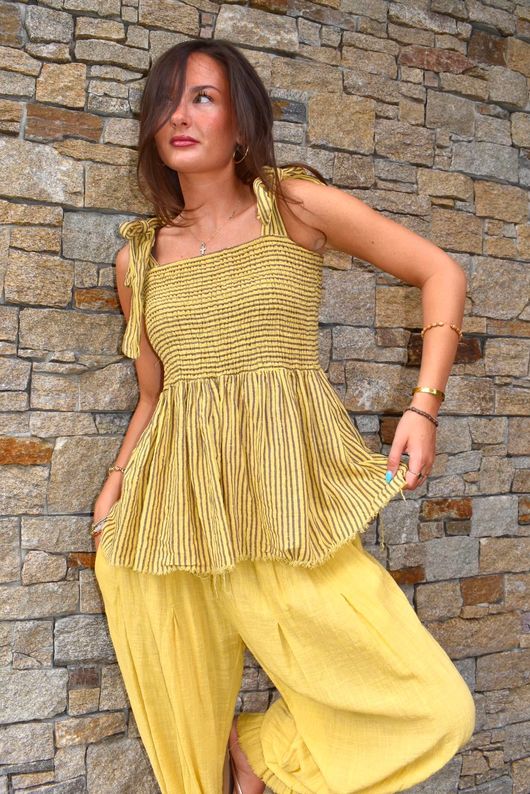 Sundaze Cheesecloth Chalk Stripe Tie Shoulder Top Soft Ochre