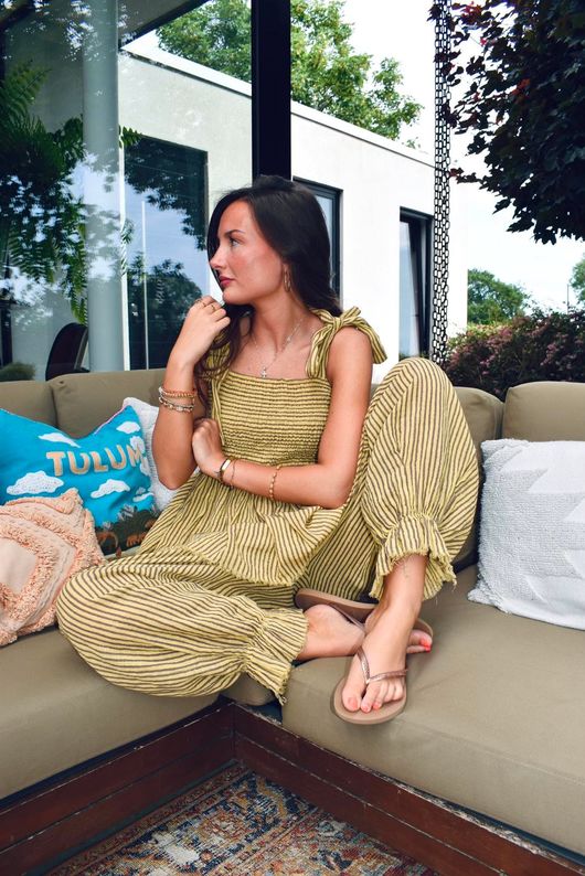 Sundaze Cheesecloth Chalk Stripe Tie Shoulder Top Soft Ochre