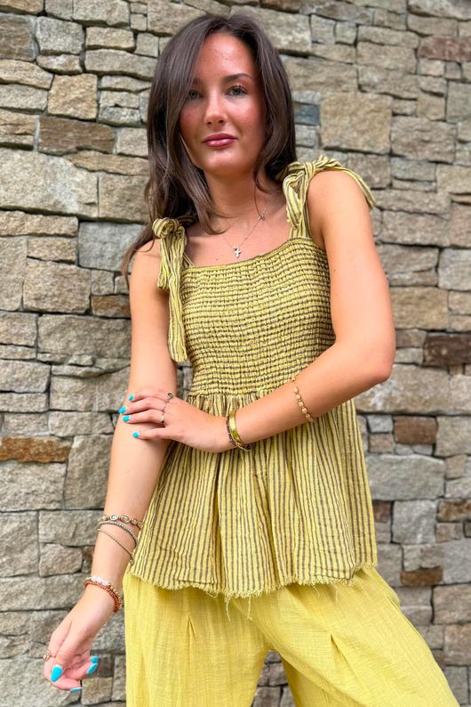 Sundaze Cheesecloth Chalk Stripe Tie Shoulder Top Soft Ochre