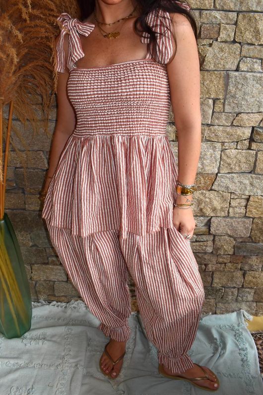 Sundaze Cheesecloth Chalk Stripe Tie Shoulder Top Soft Terracotta