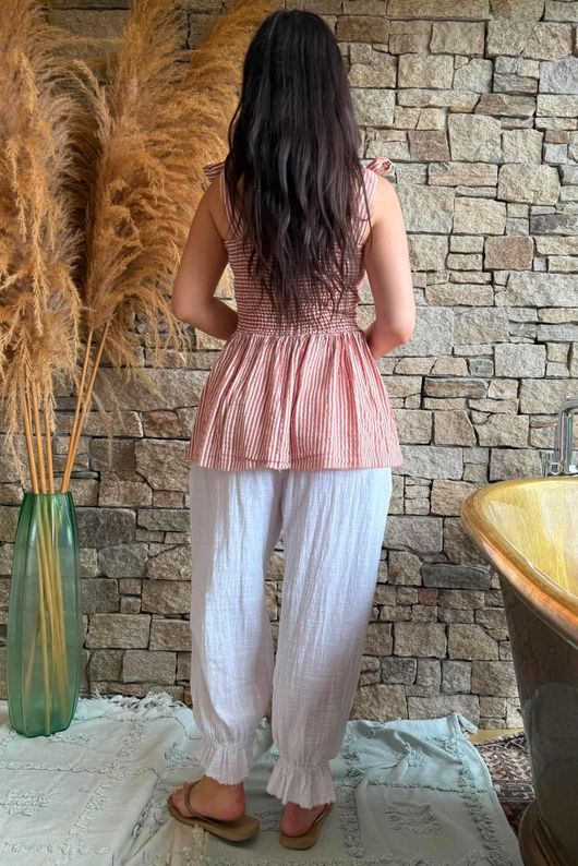 Sundaze Cheesecloth Chalk Stripe Tie Shoulder Top Soft Terracotta