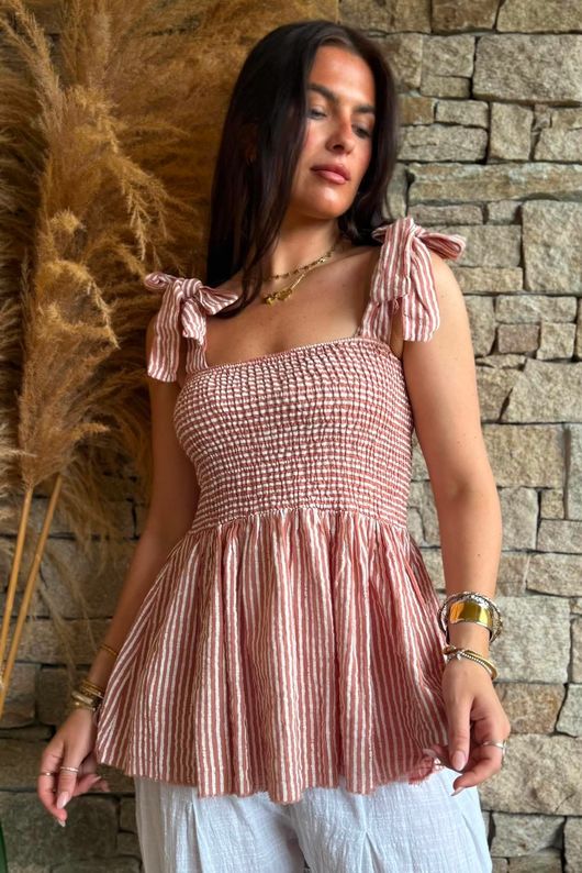 Sundaze Cheesecloth Chalk Stripe Tie Shoulder Top Soft Terracotta