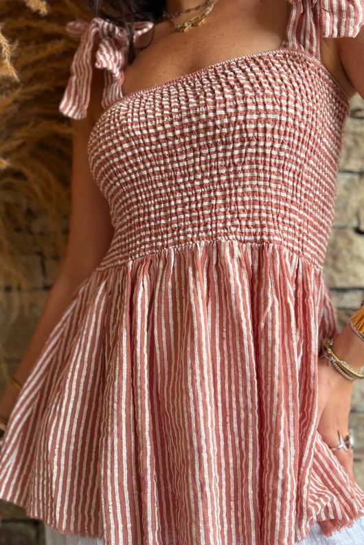 Sundaze Cheesecloth Chalk Stripe Tie Shoulder Top Soft Terracotta