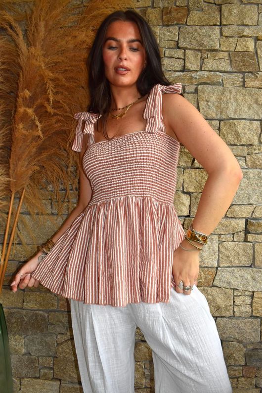 Sundaze Cheesecloth Chalk Stripe Tie Shoulder Top Soft Terracotta