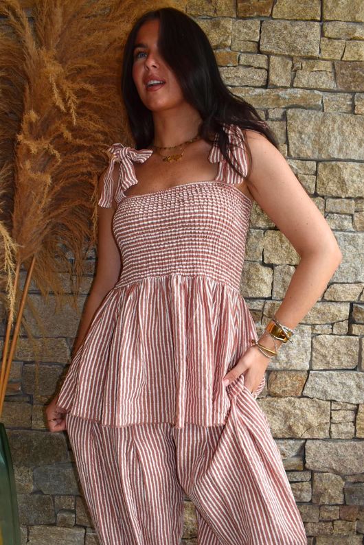 Sundaze Cheesecloth Chalk Stripe Tie Shoulder Top Soft Terracotta