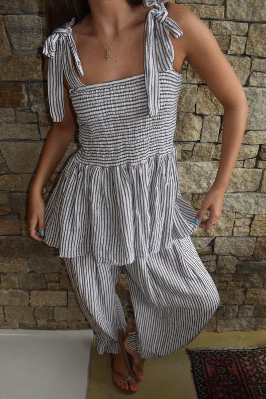 Sundaze Cheesecloth Chalk Stripe Tie Shoulder Top White