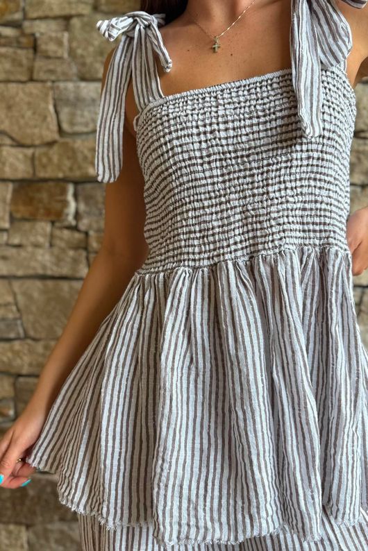 Sundaze Cheesecloth Chalk Stripe Tie Shoulder Top White
