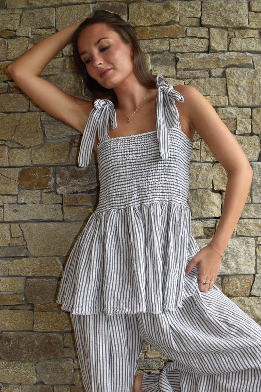 Sundaze Cheesecloth Chalk Stripe Tie Shoulder Top White