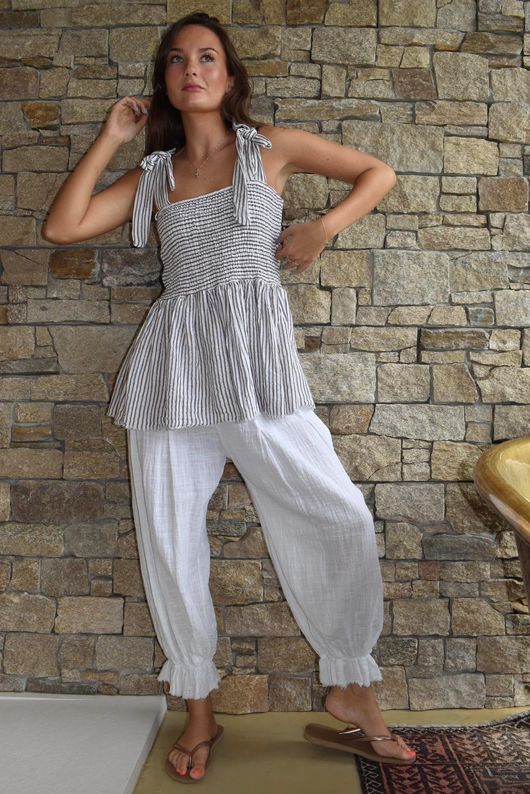Sundaze Cheesecloth Chalk Stripe Tie Shoulder Top White