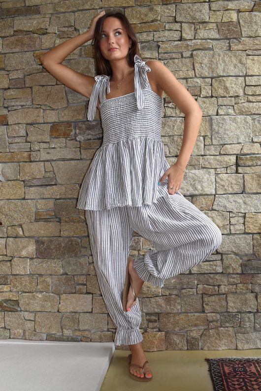 Sundaze Cheesecloth Chalk Stripe Tie Shoulder Top White