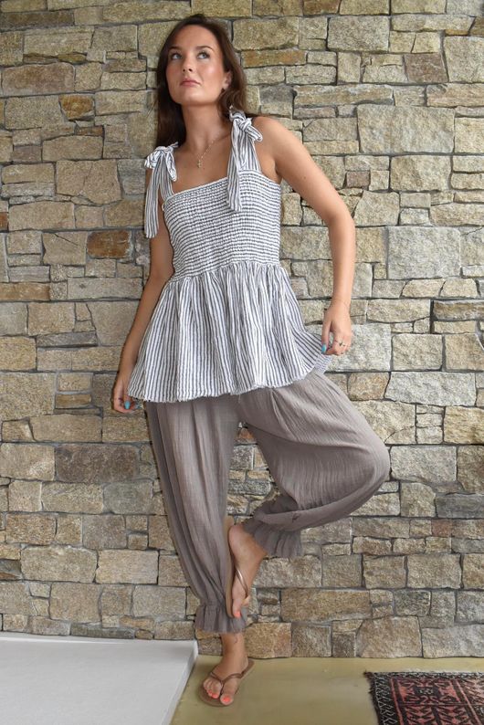 Sundaze Cheesecloth Chalk Stripe Tie Shoulder Top White