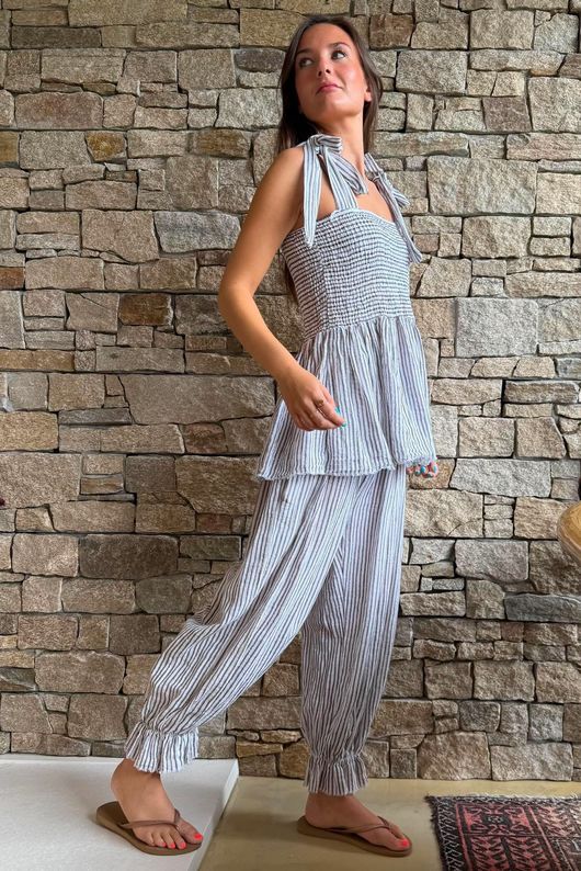 Sundaze Cheesecloth Chalk Stripe Tie Shoulder Top White