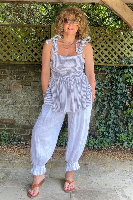 Sundaze Cheesecloth Chalk Stripe Tie Shoulder Top White