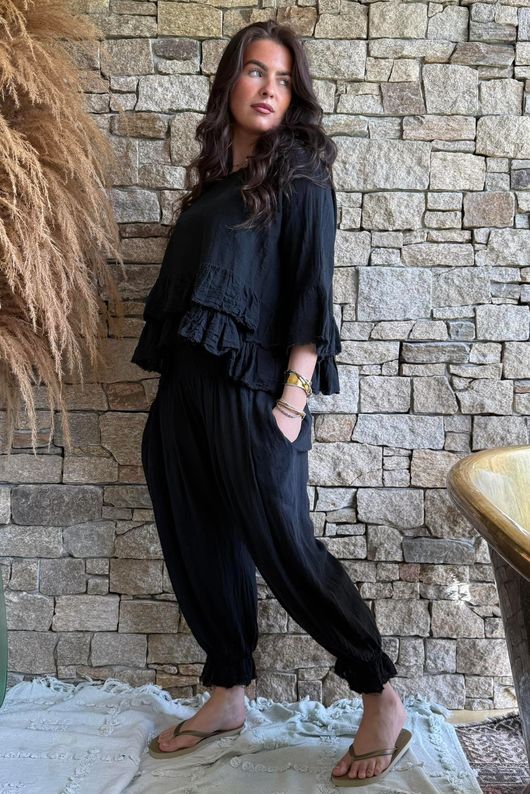 Sundaze Cheesecloth Frill Top Black