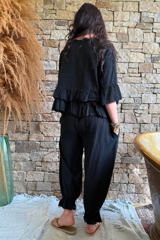 Sundaze Cheesecloth Frill Top Black