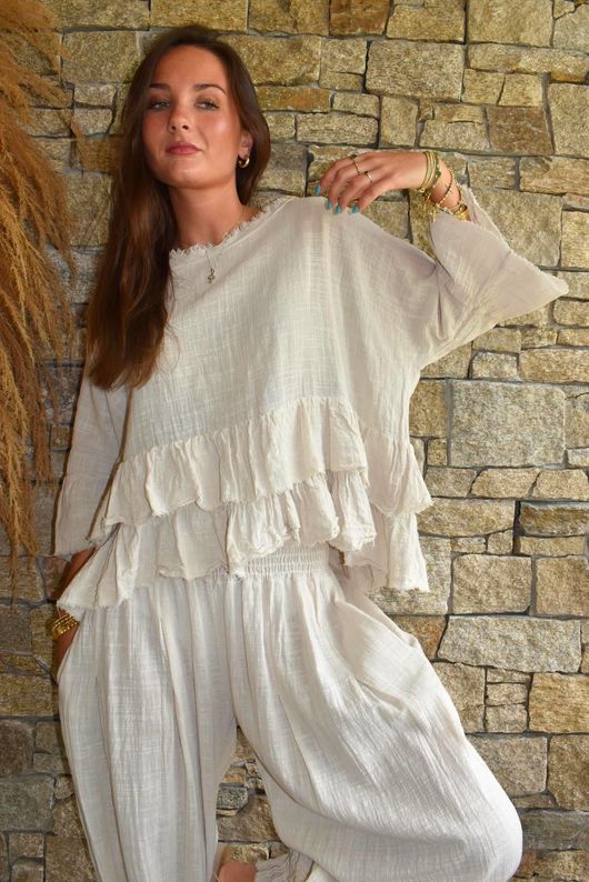 Sundaze Cheesecloth Frill Top Calico