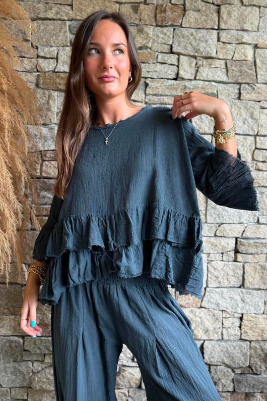 Sundaze Cheesecloth Frill Top Charcoal