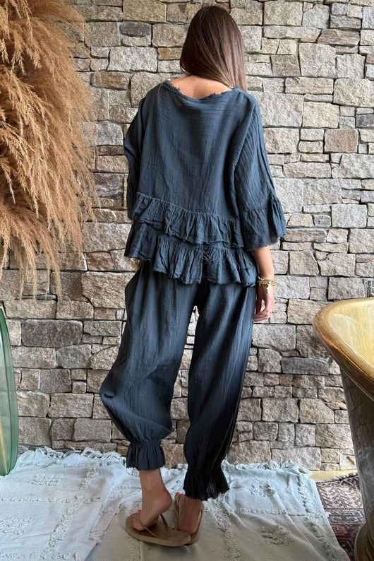 Sundaze Cheesecloth Frill Top Charcoal