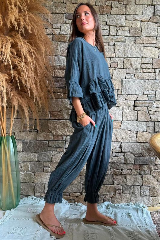 Sundaze Cheesecloth Frill Top Charcoal