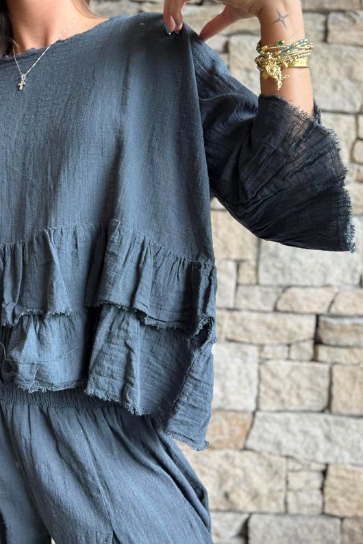 Sundaze Cheesecloth Frill Top Charcoal