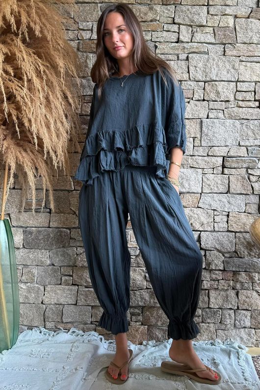 Sundaze Cheesecloth Frill Top Charcoal